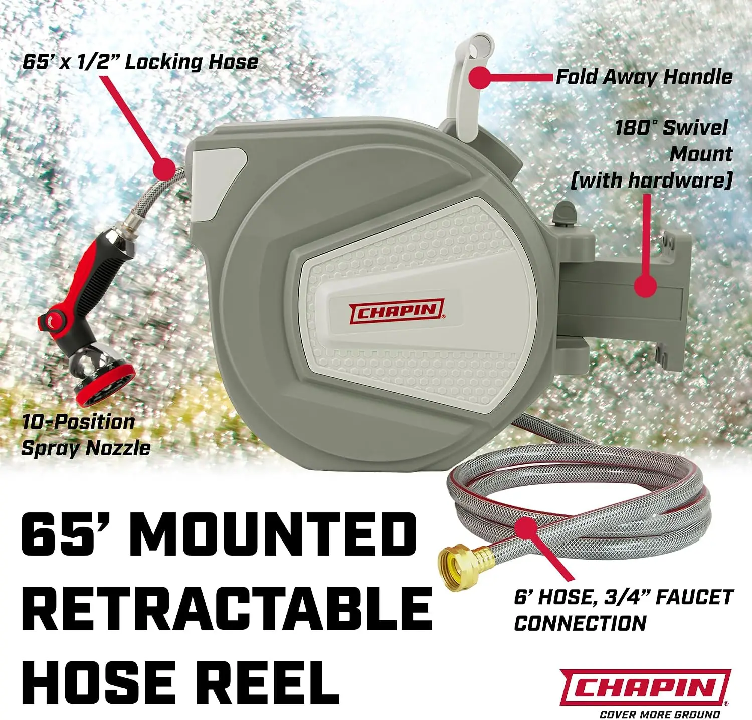 5997 Garden Hose Reel, 65-feet Retractable, Wall Mounted Heavy-Duty Case, 180° Swivel Frame Mount, Automatic Retract, Locking