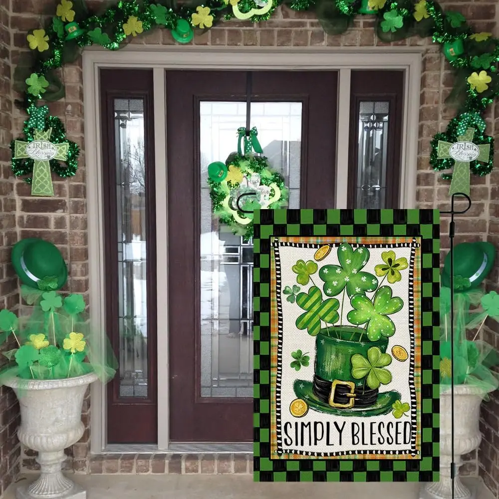 St Patricks Day Simply Blessed Garden Flag 12x18 Inch Double Sided for Outside Small Burlap Green Shamrocks Yard Flag