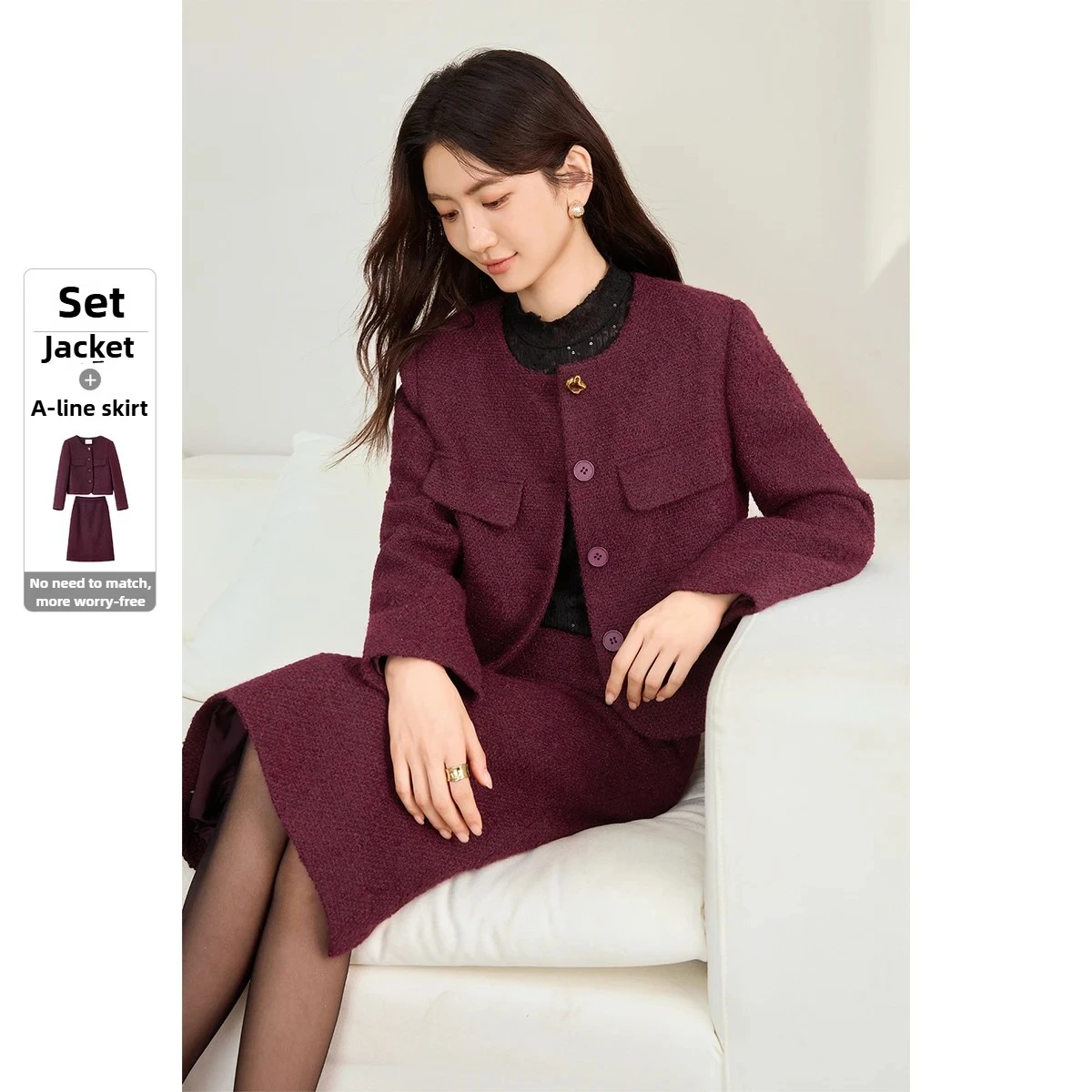 

SENTUBILA Women's Elegant Skirt Sets 2025 Autumn Commuting Round Neck Short Coat A-shaped Midi Skirt Two Piece Set 153ZA4205Z