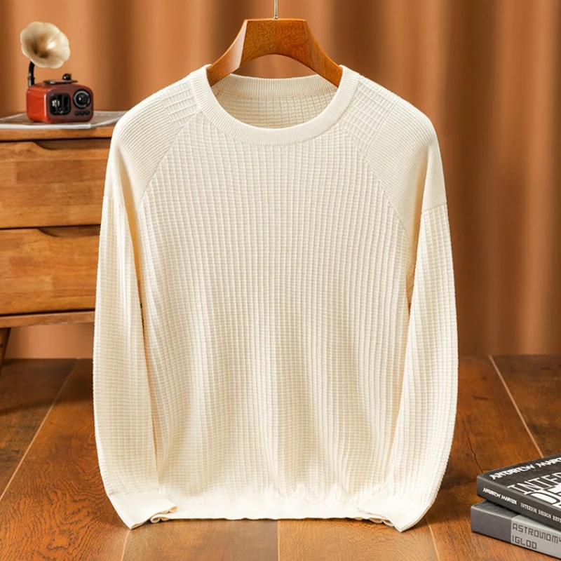 オールドマネースタイル ​ ​ メンズ抗ピリングウール混紡ニットセーター - ライトベージュクルーネック（アイアングレー/ブラック）ソフトな質感の生地 ​ ​