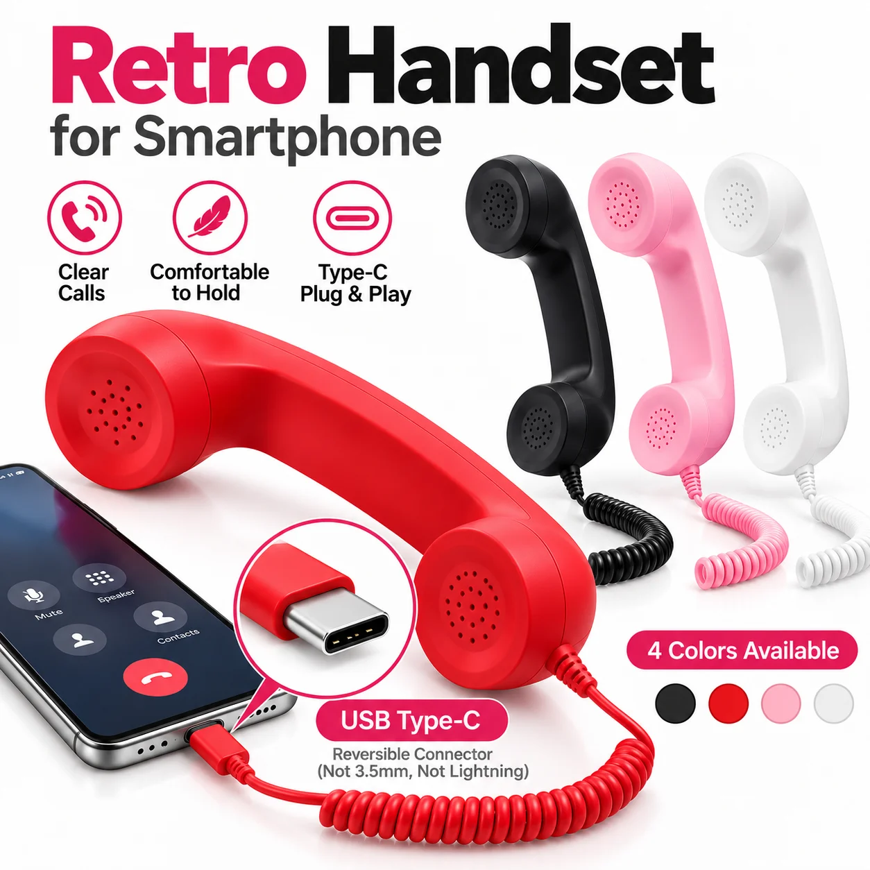 Trending Retro USB-C Phone Handset for Smartphones, Vintage Wired Receiver, Clear Sound, Plug-and-Play, Aesthetic Tech Gadget