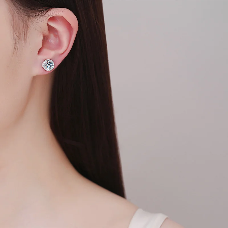 JOIAS HOME S925 Sterling Silver Earless Magnetic Earrings Round Moissanite for Men and Women Daily Party Simple Fine Jewelry