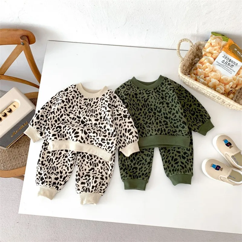 2024 Autumn New Baby Leopard Print Clothing Set Girls Long Sleeve Tops + Cotton Pants 2 Pieces Suit Children Boy O-neck Clothes