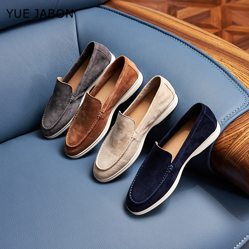 Gery Genuine Leather Flats Blue Men's Slip-On Loafers Cow Suede Casual shoes Lightweight Daily Wear Outdoor Comfortable Shoes