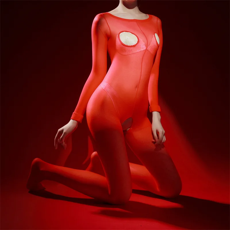 Unisex Seamless Bodystocking Liquid Gloss Sheer Catsuit with Plunge Neckline  3D Knit Shimmer  Cooling Nylon