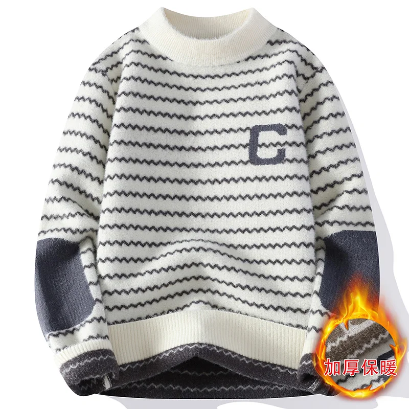 

Мужской утепленный свитер с высоким воротником из кроличьего меха, вязаный базовый слой, зимний теплый повседневный облегающий свитер с геометрическим узором