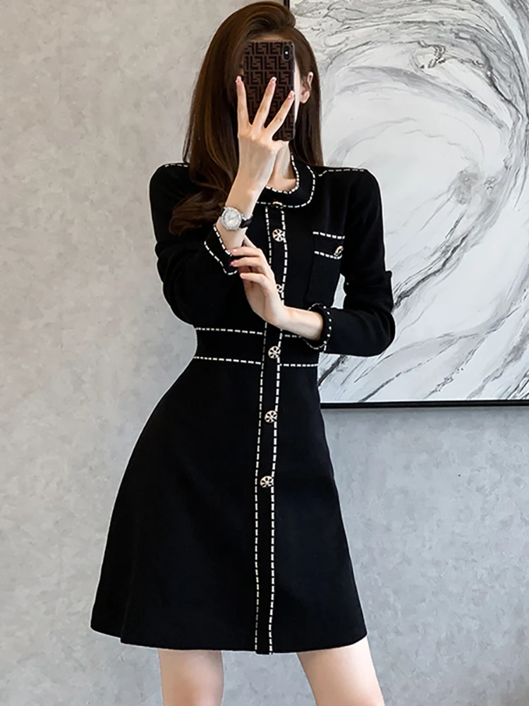 2024 Black Knitted Long Sleeve Mini Dress Women Korean Vintage Hepburn Festival Prom Dress Autumn Winter Elegant Bodycon Dresses