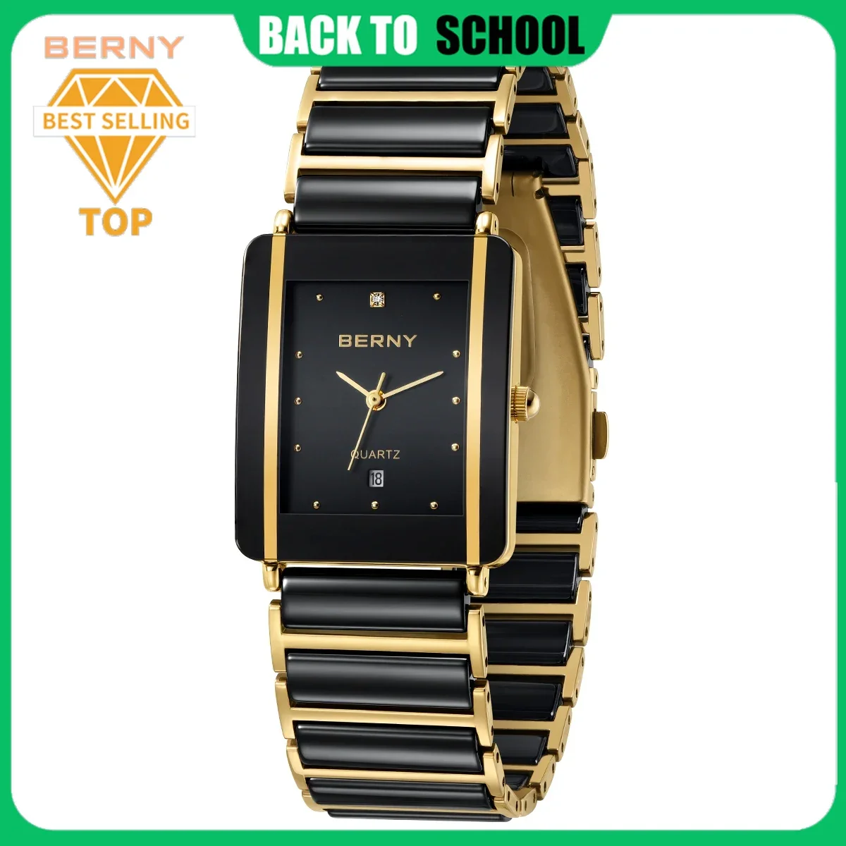 

BERNY Men Quartz Watch Ceramic Luxury Stainless Steel Rectangle Wristwatch Waterproof Calendar BERNY XV12 Gold Watch for Man