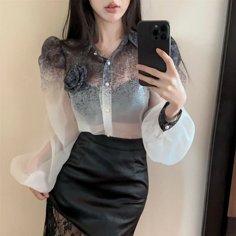 

Summer Women Elegant Puff Long Sleeve Perspective Blouse 2025 Korean Fashion Sweet 3D Flowers Gradient Chiffon Loose Shirt Tops