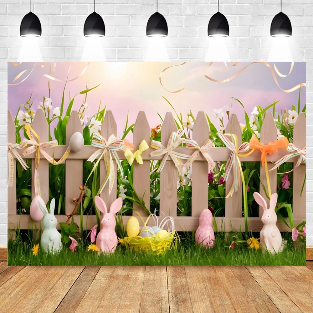 Happy Easter Day Backdrop Brick Wall Wood Board Spring Flower Rabbit Easter Eggs Bunny Kids Portrait Photography Background Prop