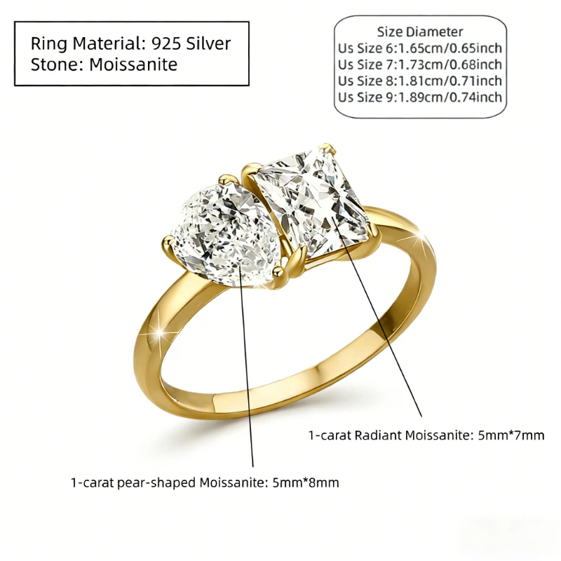 S925 Silver 1 Carat Water Drop Square Double Stone Moissanite Personalized European and American Fashion Wedding Engagement Ring