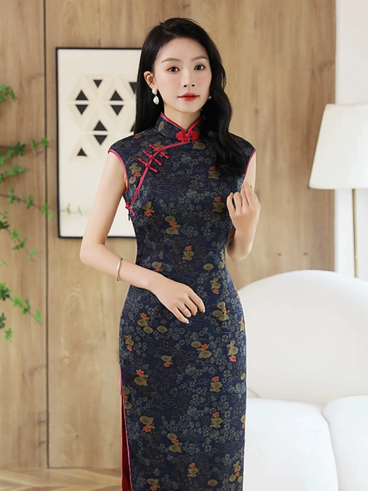 

Ele Long Silk Floral Print Slimming Retro Sle Low Slit Daily Wear No Sve Square Collar Traditional Chinese...