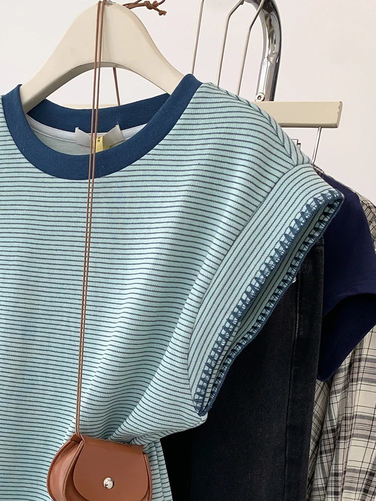 2024 estate donna Casual Versatile a righe contrasto colore girocollo manica corta t-shirt Design senso nicchia top