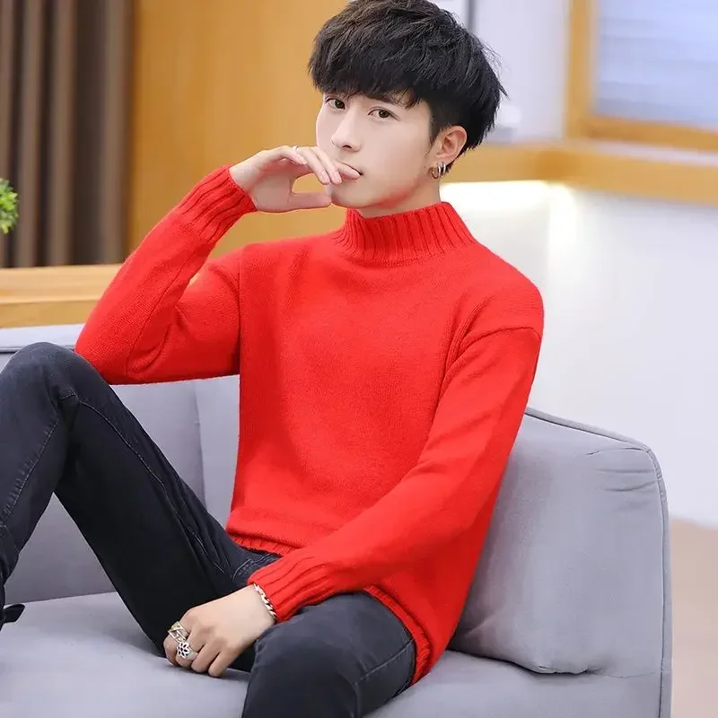 Plain High Collar Men's Clothing Black Pullovers Knit Sweater Male Red Turtleneck Solid Color Old Jumpers Street Elegant New In