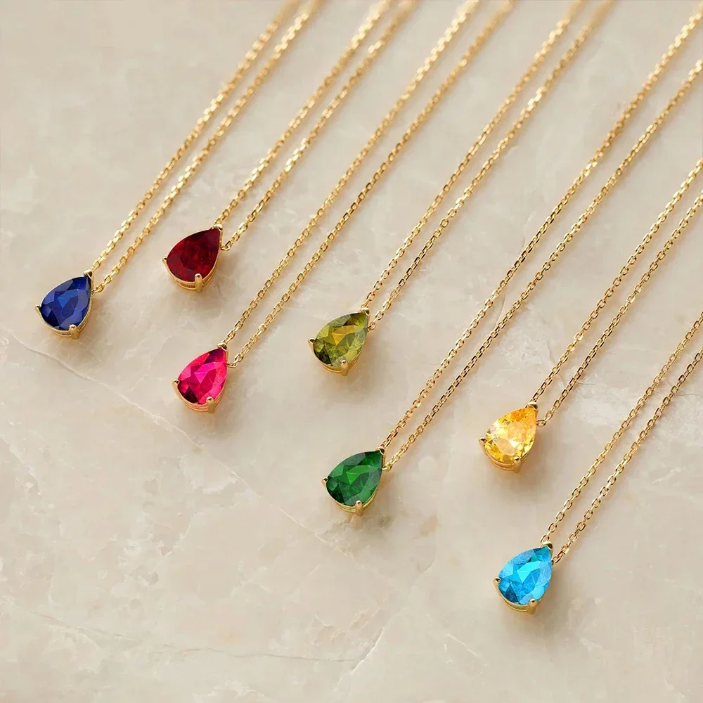 women Hot Sale Shiny Crystal Necklace Stainless Steel Teardrop Zirconia Pendant Women's Birthstone Collarbone Chain Wholesale
