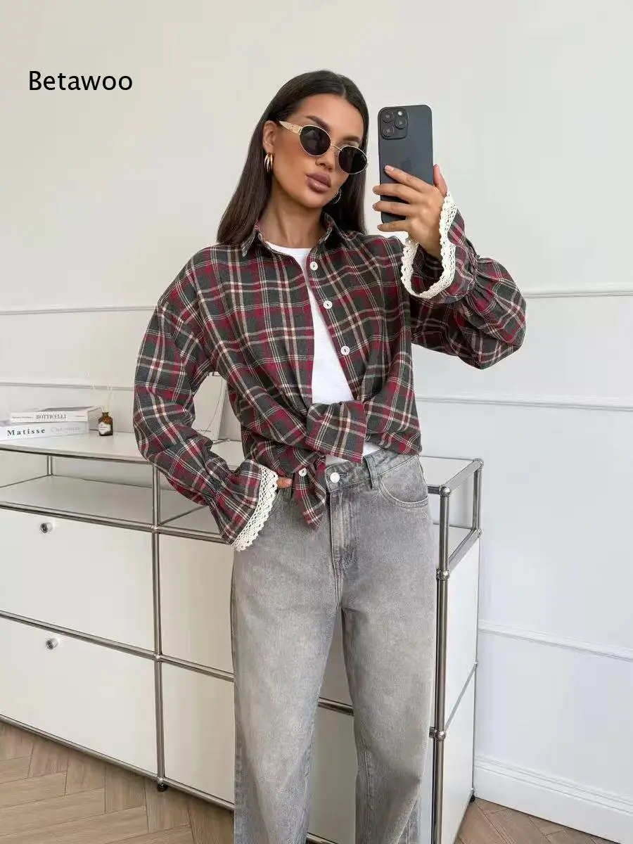 Damen Vintage Kariertes Hemd mit Knöpfen, Locker Geschnitten, Spitzenmanschetten, Langarm, Oversized Streetwear Bluse