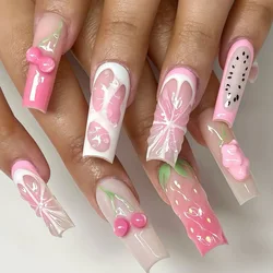 24pcs Long Coffin Press On Nail Sweet Pink Strawberry Cherry Fruit Designs Fake Nails Summer Dopamine Wearable False Nail
