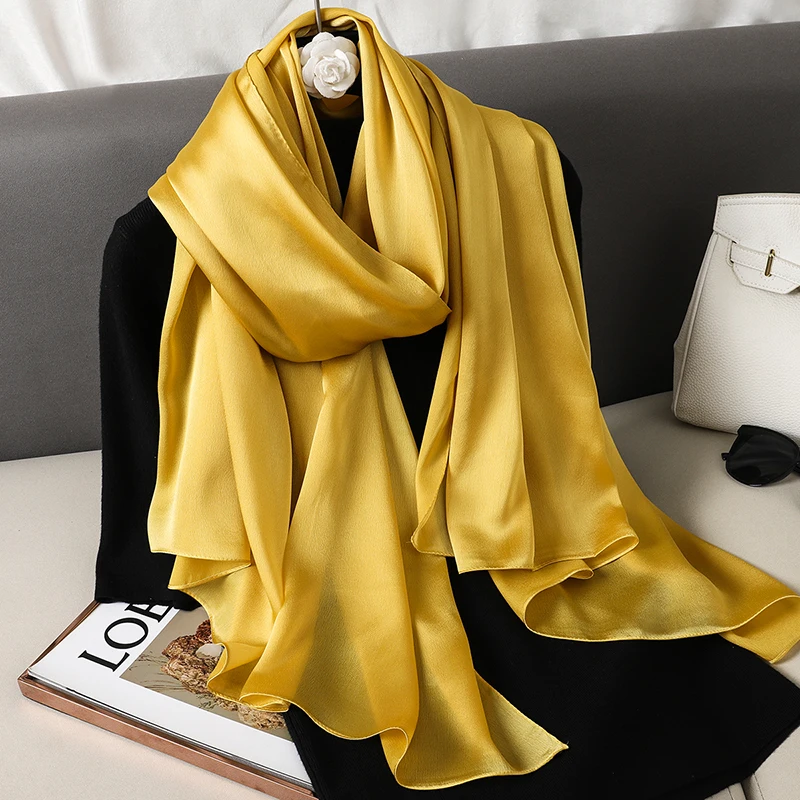 2024 Luxury Brand Silk Scarf for Women Large Shawl Wrap Headband Solid Design Hijab Beach Stoles Female Foulard Echarpe Bandana