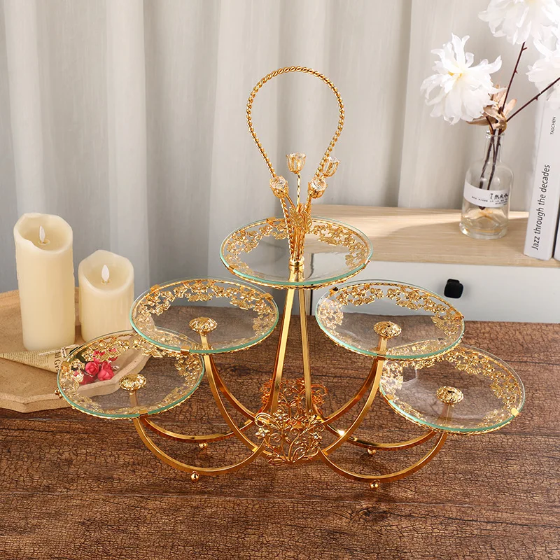European light luxury high-end three-layer five-plate fruit basket, pattern decorative portable glass fruit plate, fruit plate h