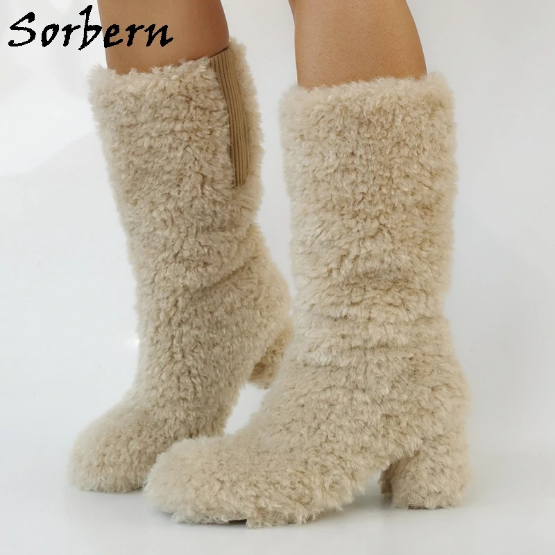 Sorbern Khaki Plush Calf High Boots Women Block High Heels Round Toe Wram Ladies Boot Square Heeled Custom Colors