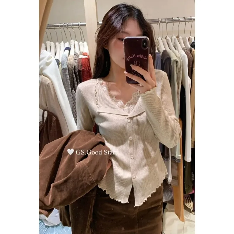 Early Autumn New Knitted Sweater Cardigan Fungus Lapel Women's Lace Splicing