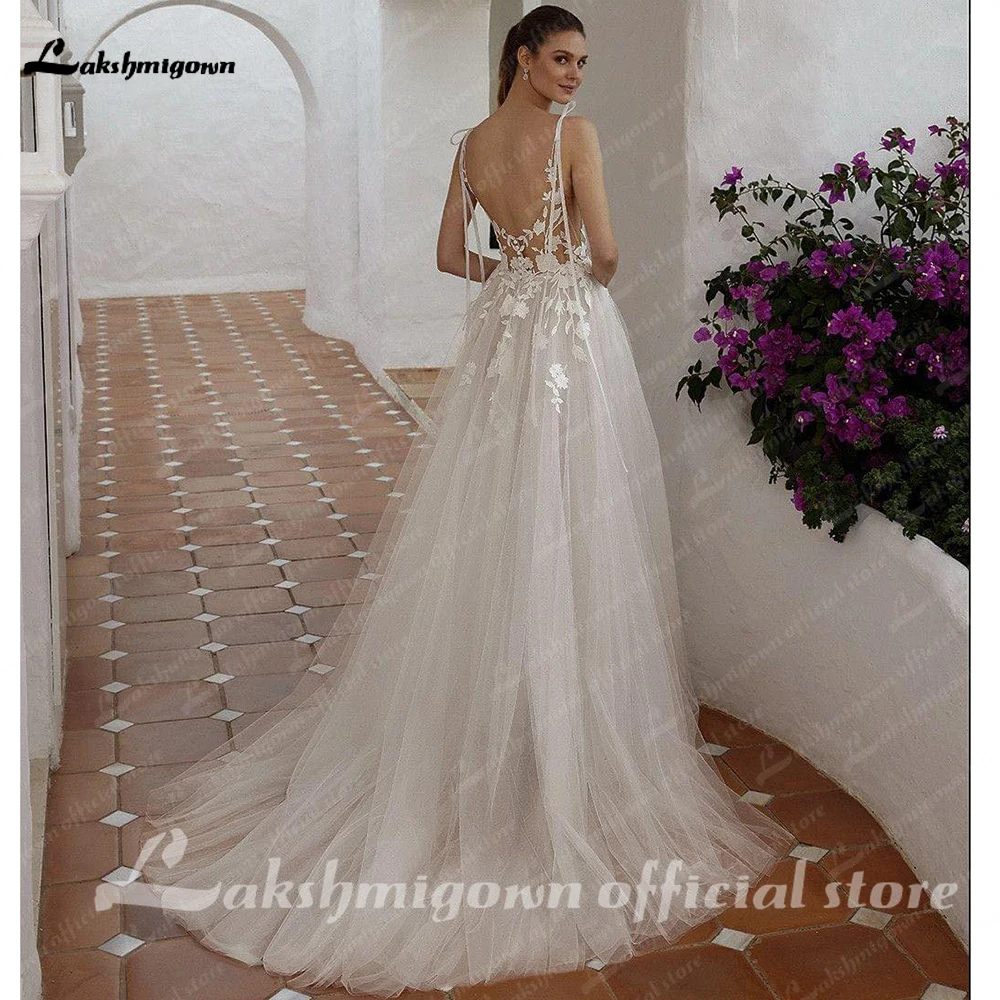 Lakshmigown bohemia rendas vestidos de casamento com decote em v cintas de espaguete alta divisão tule apliques vestidos de noiva vestido de noiva personalizado