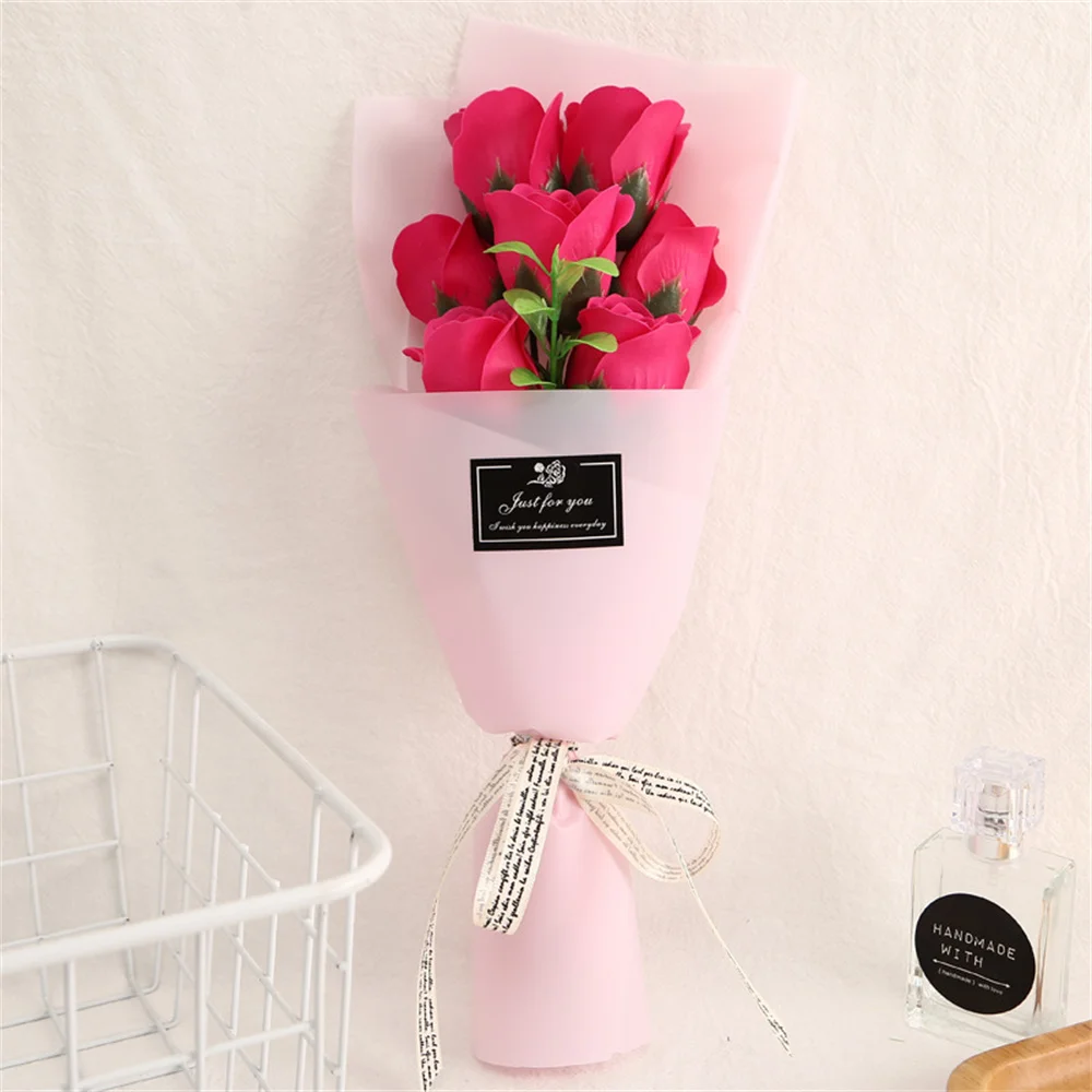 7 Heads Soap Rose Flowers Valentine\'S Day Gift Red Pink Blue Purple Mini Soap Flower Rose Bouquet Wedding Birthday Party Supplie