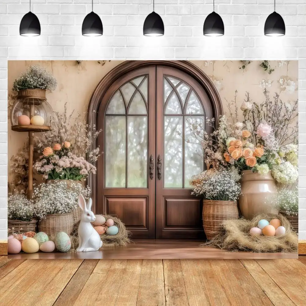 

Easter Backdrop Wooden Door Indoor Flower Egg Easter Children's Birthday Baby Shower Party Decor Portrait Photography Background