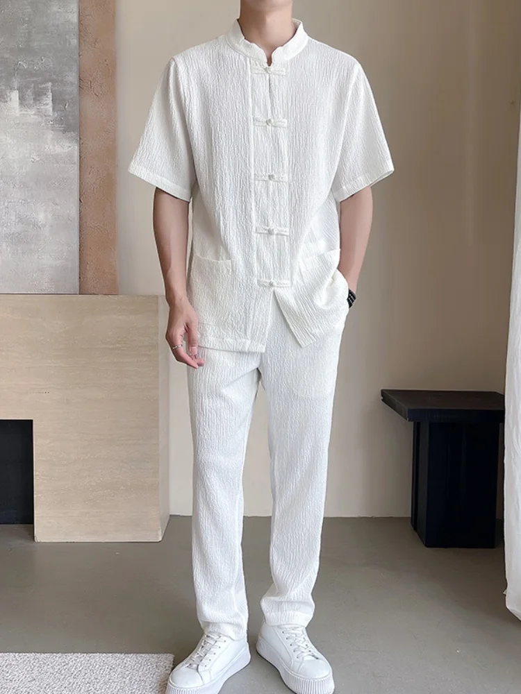 

Мужской летний комплект из ледяного шелка: модная рубашка с коротким рукавом в стиле ретро, с пуговицами, текстурой ханьфу и эффектом мятой ткани, в стиле танского костюма, новый китайский стиль, свободный крой.