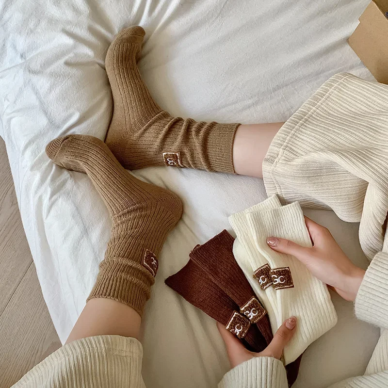 Calcetines de invierno acogedores y gruesos hasta media pantorrilla, informales, de algodón, suaves, para mantener el calor, botas de nieve de punto, calzado, medias estampadas, Н®...........