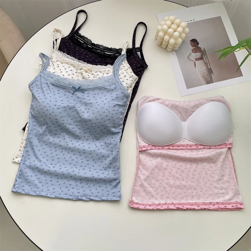 Floral Bow Knot Tops Summer Pregnant Woman Sleeveless Ice Silk Bra Tops With Pad Sweet Lace Vest With Chest Cushion T Shirts