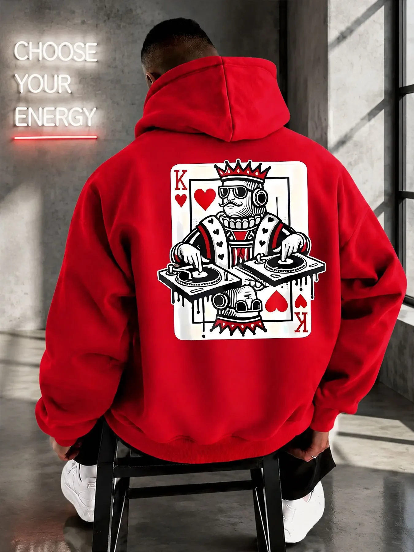 Winter Warm Fleece Hoodie for Men Street Hip‑hop Poker King DJ Turntable Graphic Back Print Casual Loose Fleece Hoodie
