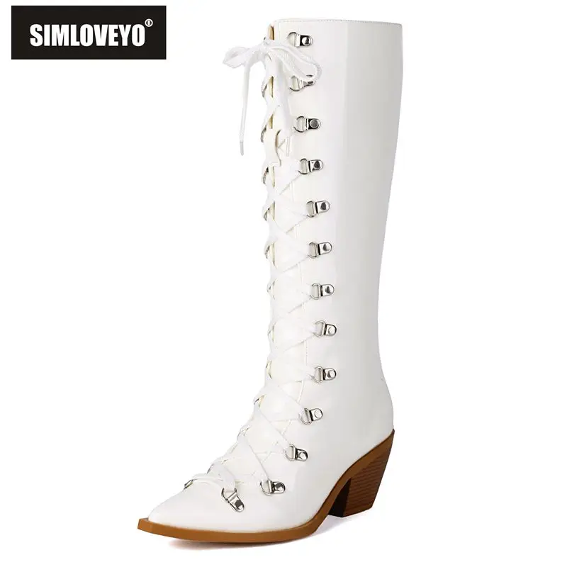 

SIMLOVEYO Patent Leather Women Knee High Boots Pointed Toe Chunky Heel 6.5cm Lace Up Decor Size 44 45 46 Booties