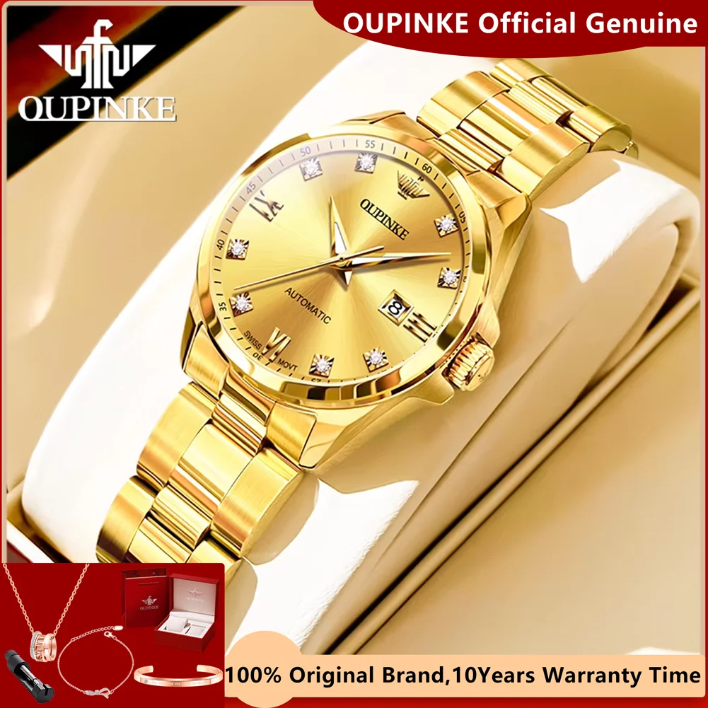 Oupinke Real Diamant Automatisch Horloge Vrouwen Luxe Merk Saffier Spiegel Originele Zwitserse Beweging Waterdicht Mechanisch Polshorloge