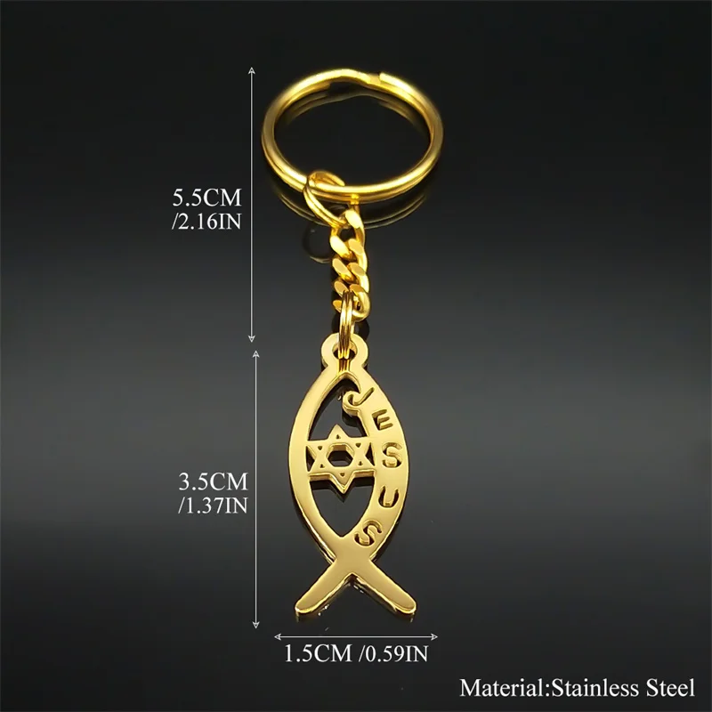 Ichthys Jesus Fish Hollow Key Chain for Women Men Stainless Steel Gold Color Hexagram Star of David Key Ring Jewelry K3535S02 - Image 6