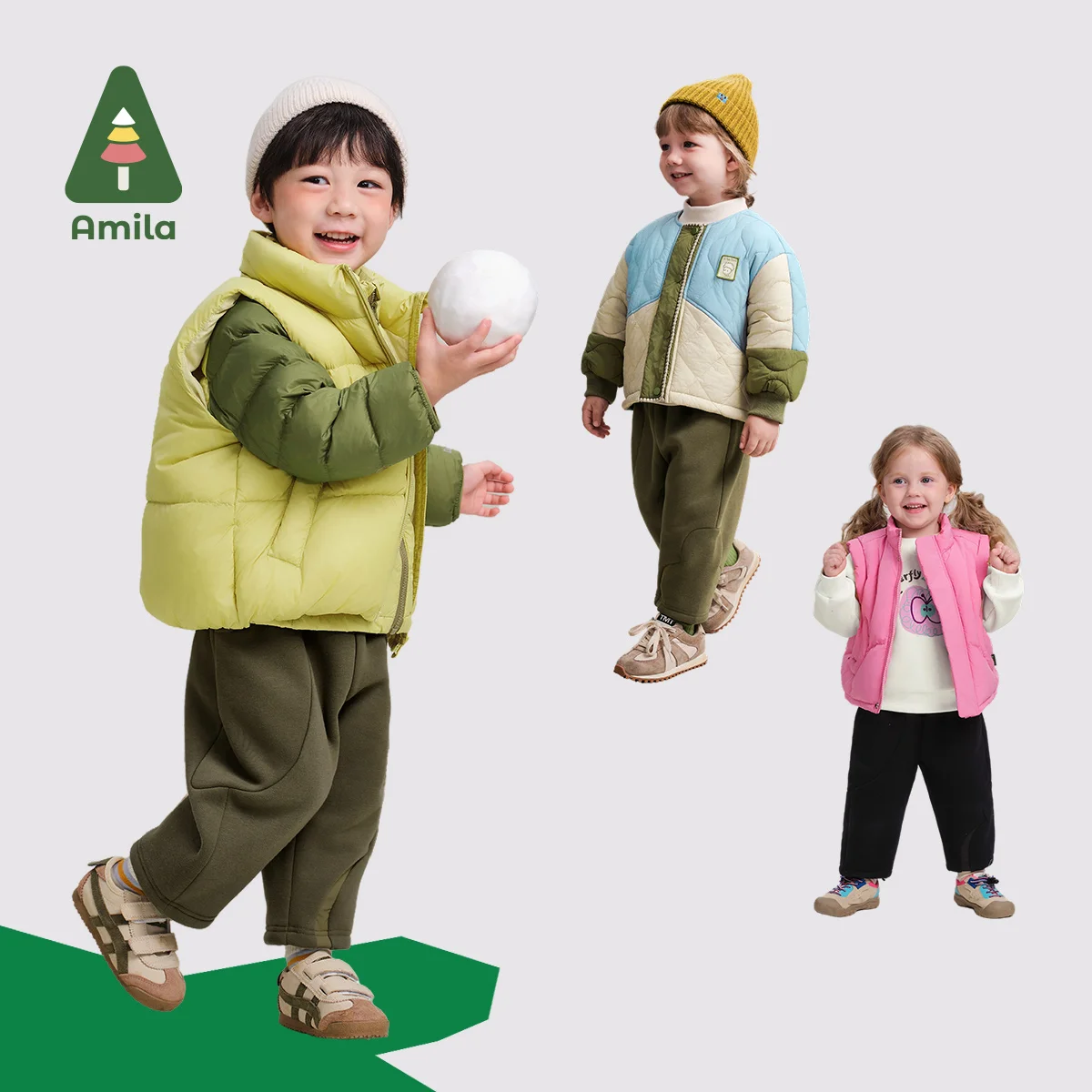 Amila Baby Pants 2024 Winter New Boys And Girls Solid Color Versatile Basic All-In-One Velvet Warm Loose Children‘s Casual Pants