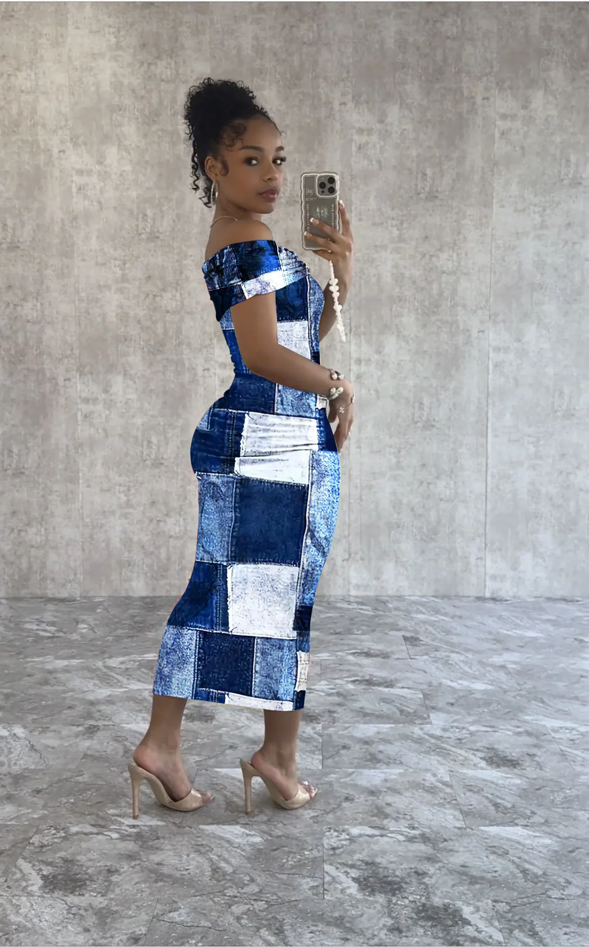 เดรสทรงสอบพิมพ์ลาย Y6024 แบบเปิดไหล่ คอตรง ทรงเข้ารูป สำหรับฤดูใบไม้ผลิและฤดูร้อน เสื้อผ้าผู้หญิง