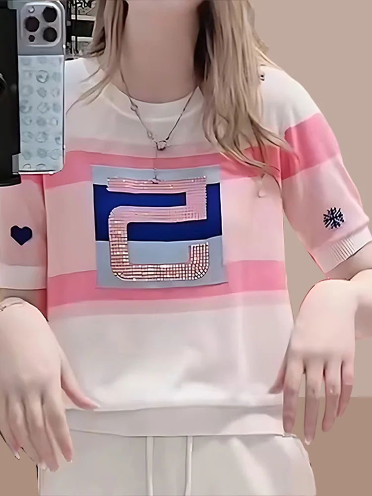 

Faionable Ice Silk ort Sve Knitted T-irt Women's Summer New Sle f Sve Top Trendy Body irt round Ne Regul...