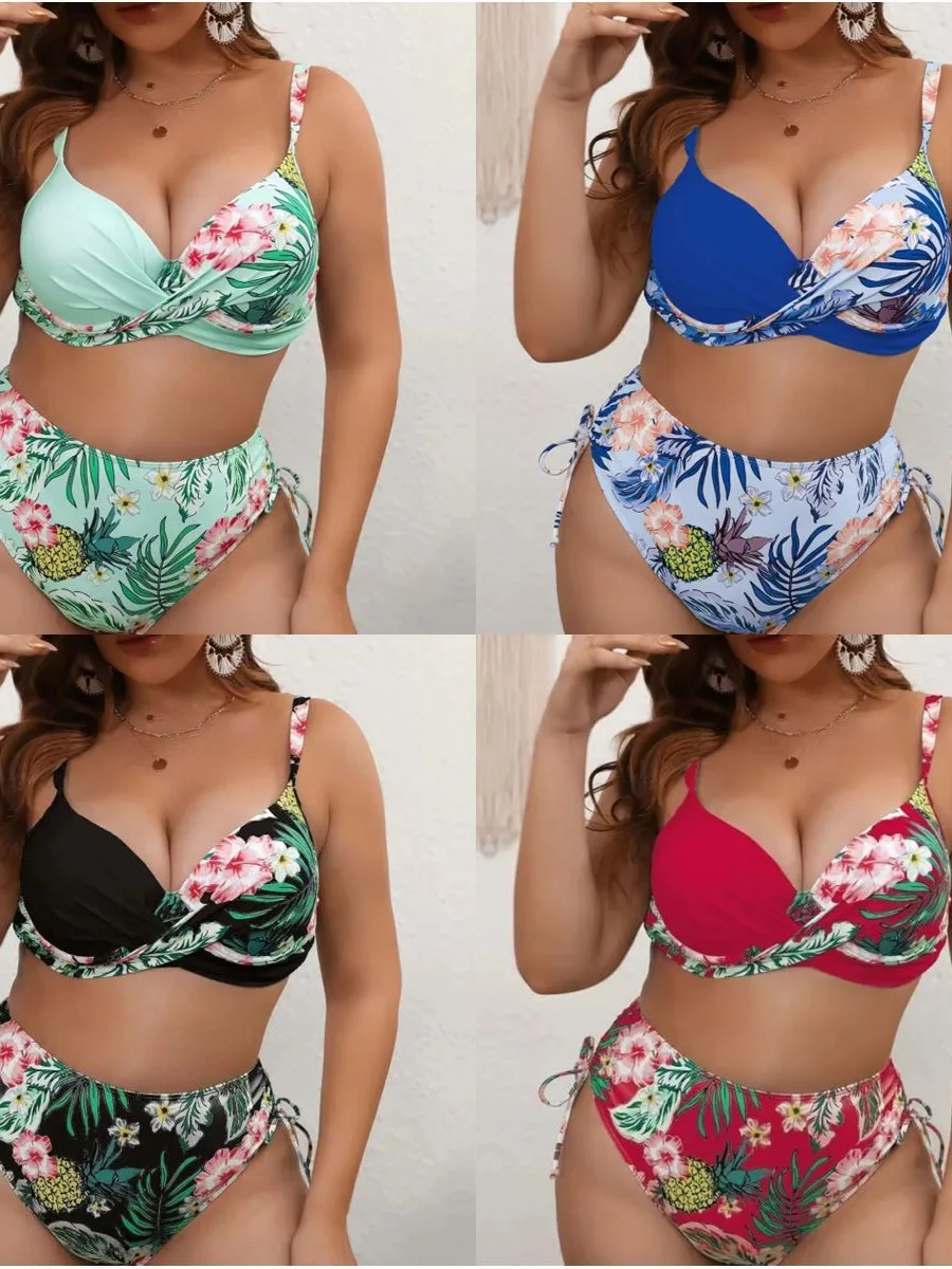 

Figure-Flattering Bikini Plus Size High-Waist Bikini Backless Multi-Strap Cutout Bikini Ribbed Adjustable Padded Swimsuit