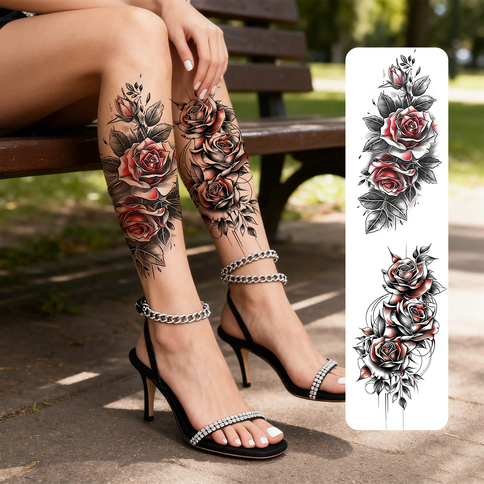 2 Sheets Red Black Rose Flower Temporary Tattoo Stickers, Waterproof Fake Tattoos Cover Scars