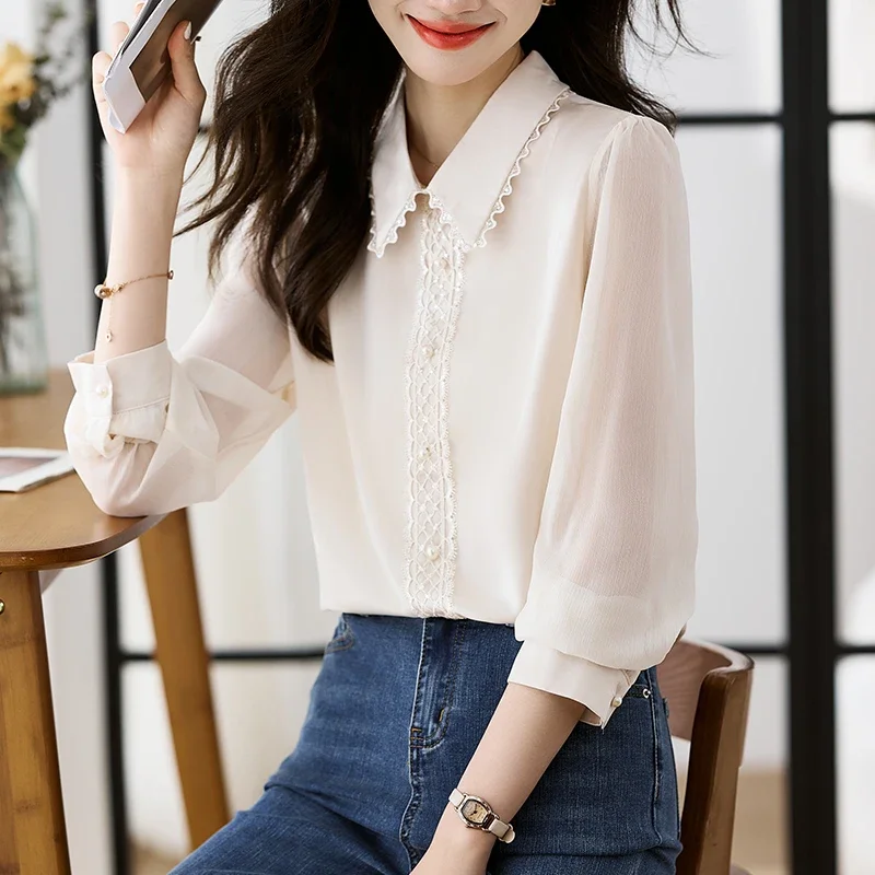 Neue Drehen Unten Kragen Frauen Bluse Langarm Chiffon Blusen Shirt Frauen Tops Camisas Blusa Blusas Camisas De Mujer Shirts H427