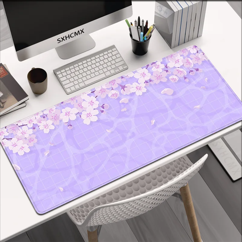 Purple Blossom Deskmat Cute Pastel Purple Lilac Lavender Cherry Sakura Flowers Japanese Desk Mat Cute kawaii Mousepad 900x400