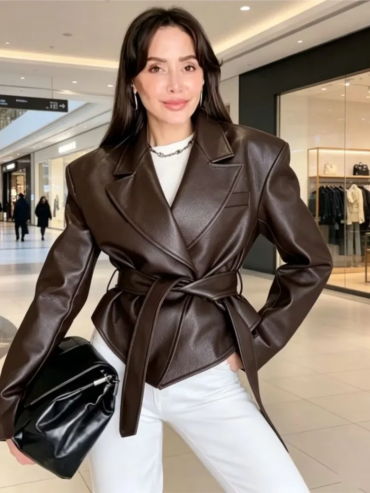 Women's Leather Jacket with Belt New 2026 Autumn Causal Faux Leather Jackets Long Sleeve Coat Fashion Female Motorcycle Jackets