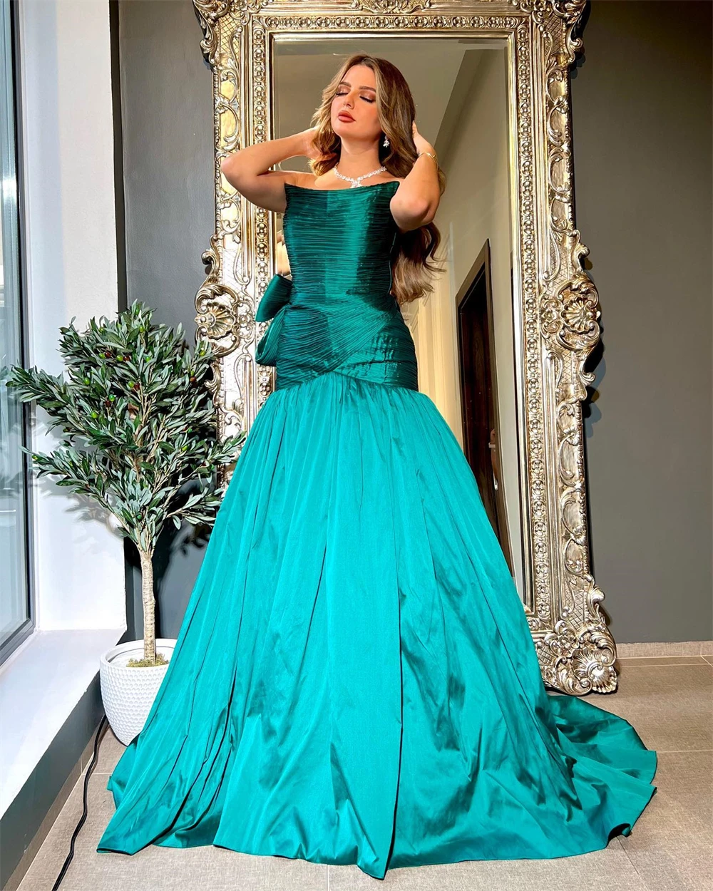 Customized Eleagnt Strapless Bows Meramaid Ruched Party Dress Floor Length Sleeveless Formal Evening Gowns vestidos de noche