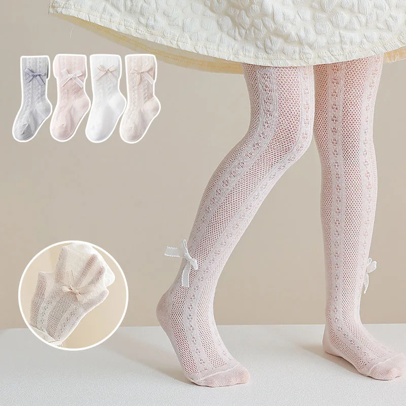New Summer Children's Tights 1-8T Solid Color Bow Baby Pantyhose Thin Mesh Ventilation Kids Leggings