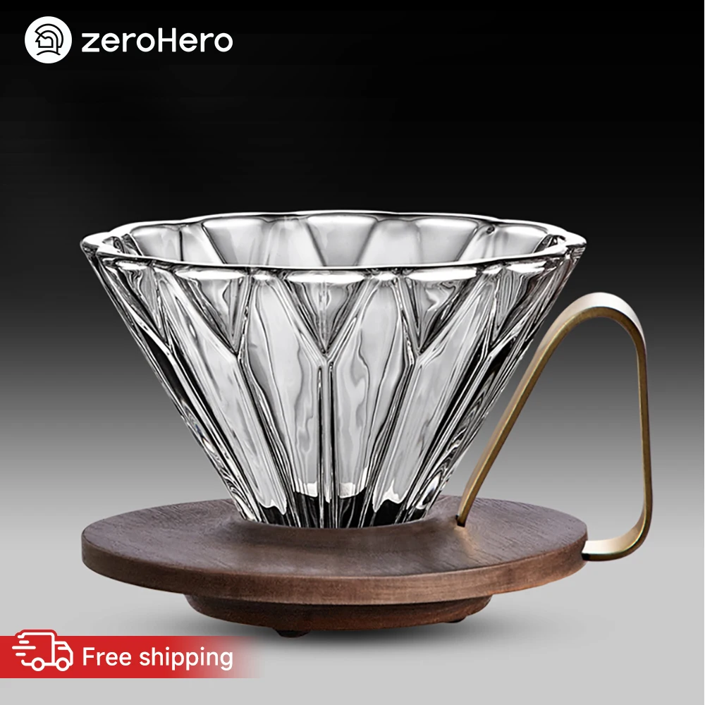 zeroHero Glass Coffee Dripper with Walnut Wood Holder Brass Handle 1-2 Cup 24 Water Grooves Pour Over Filter for Home Office Use