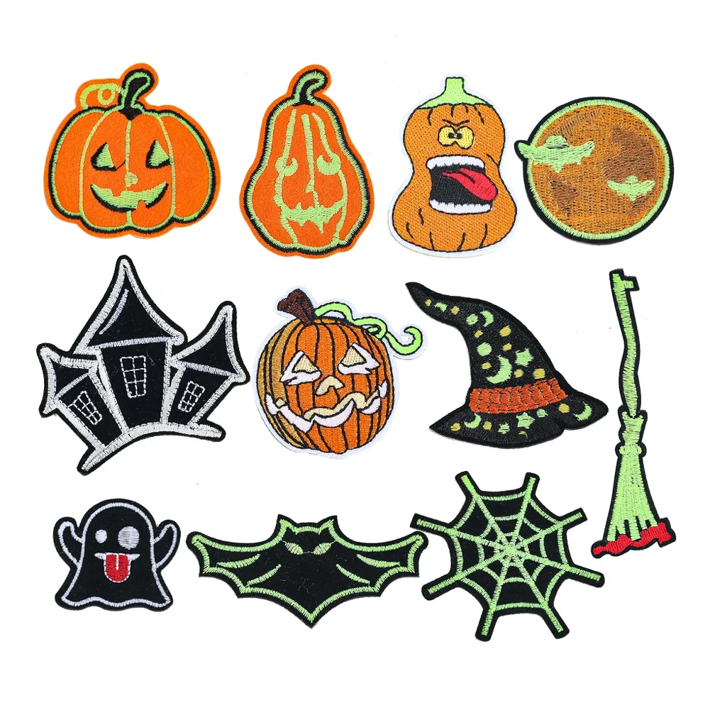 

12pcs Set Halloween Pumpkin Bat Spider Web Embroidered Iron-on Badges Patches for Clothing Shirts Sewing Applique Stickers