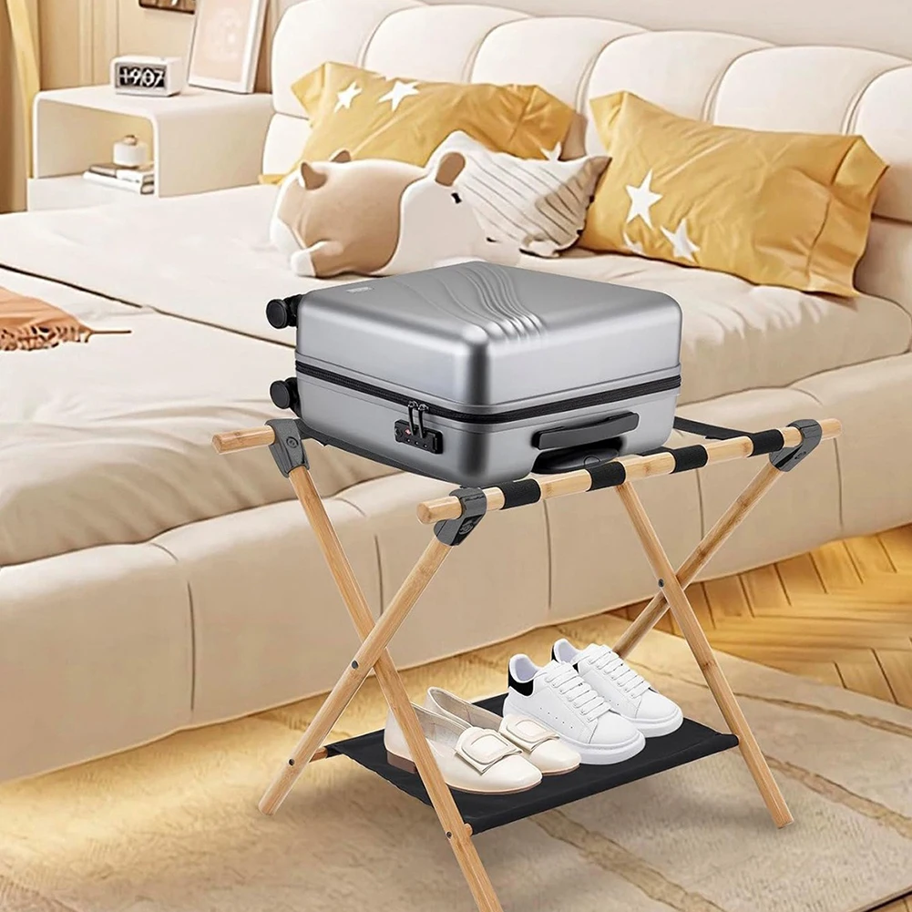 Bamboo Luggage Rack Foldable Suitcase Stand with Nylon Straps Luggage Stand for Guest Room Bedroom Hotel