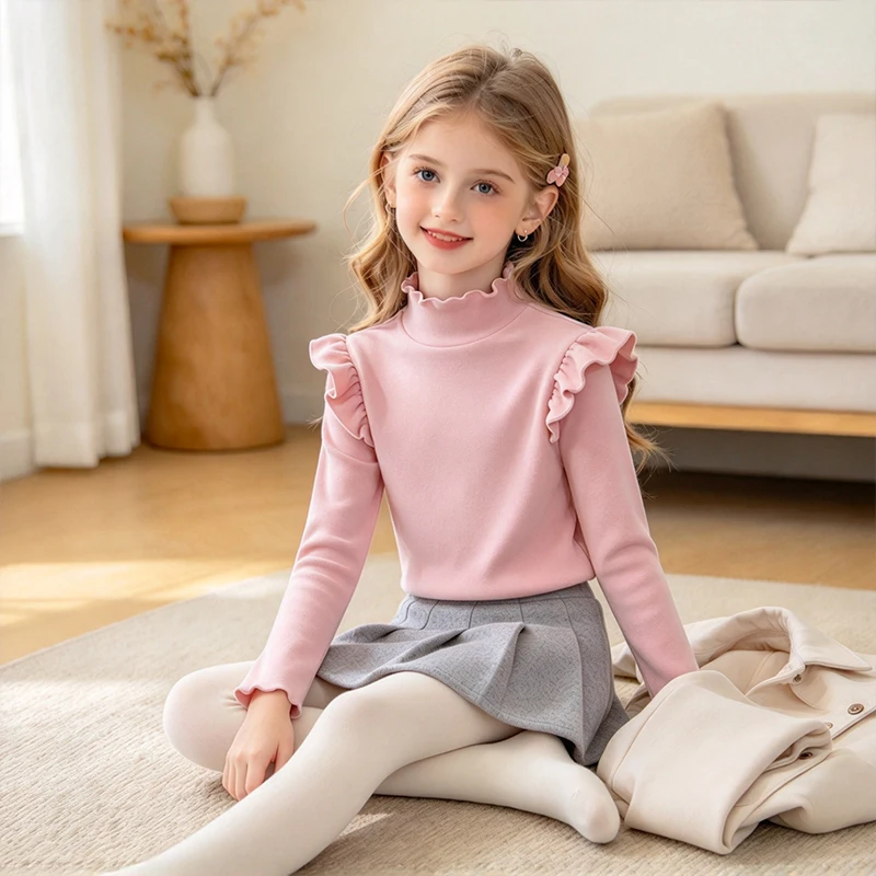 Girls Thermal Long Sleeve Shirts Ruffle Mock Neck Develon Fleece Undershirt Kids Cute Fly Sleeve Slim Fit Base Layer Top