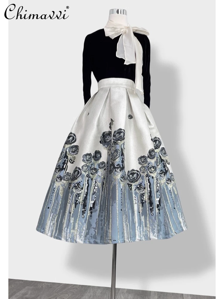 

French Elegant Fashion Commuter Long Skirt High Waist A-line Retro Print Temperament Versatile Casual Pleated Skirt Women Summer